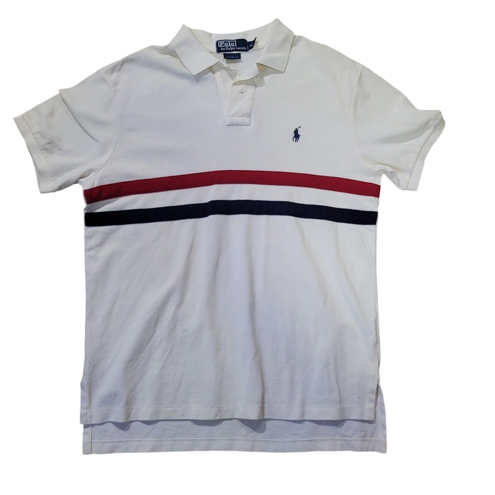 Polo Ralph Lauren Shirt Mens Large White Navy Red‎ Stripe Pony Logo Pique Cotton